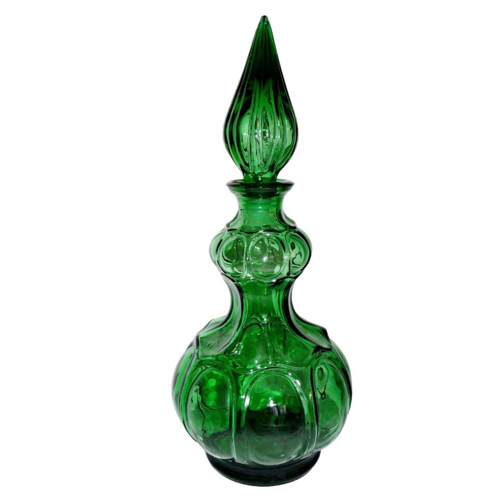 Empoli Italy MCM Green Glass Genie Bottle Corset Decanter Flame Stopper RARE Vtg